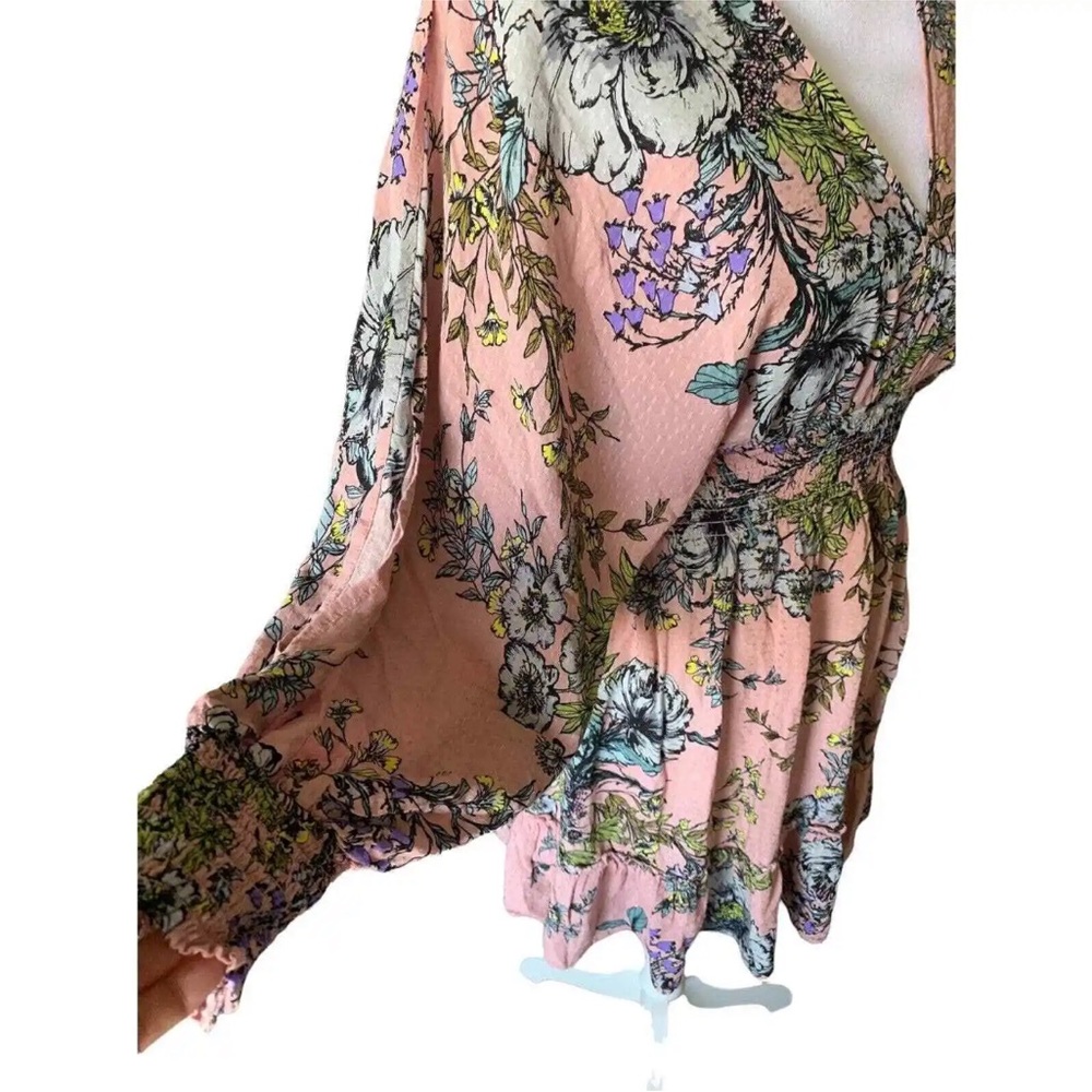 LOVE STITCH WOMENS DRESS TOP PINK FLORAL MEDIUM RUFFLE HEM LONG SLIT SLEEVE - Picture 5 of 8